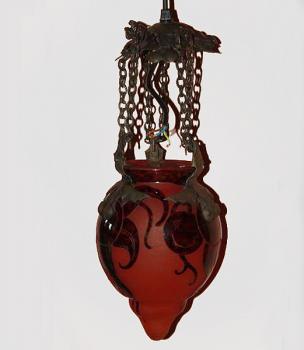 Chandelier - bronze, ruby glass - Le verr Francais - 1900