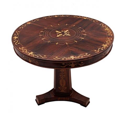 Round dining table decorated with intarsia, 1900