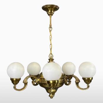 Five Light Chandelier - brass, opal glass - 1920 Five Light Chandelier - brass, opal glass - 1920