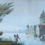 Castle by the lake, with a boat and figures Castle by the lake, with a boat and figures