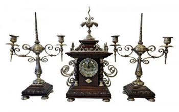 Clock with Pair of Matching Candelabra - bronze, wood - 1820 Clock with Pair of Matching Candelabra - bronze, wood - 1820