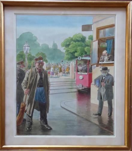 City street, with tram and figures - monogram E. R City street, with tram and figures - monogram E. R