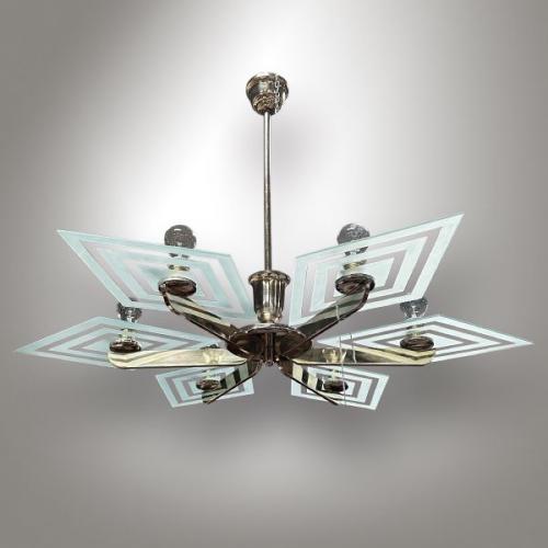 Art Deco chrome chandelier, 1930, nickel, sandblasted glass Art Deco chrome chandelier, 1930, nickel, sandblasted glass