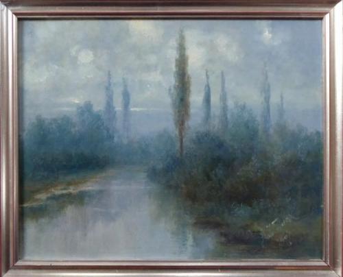 F. J. Dyck - Landscape by the river in a misty haz F. J. Dyck - Landscape by the river in a misty haz