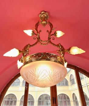 Chandelier - brass, glass - 1900 Chandelier - brass, glass - 1900