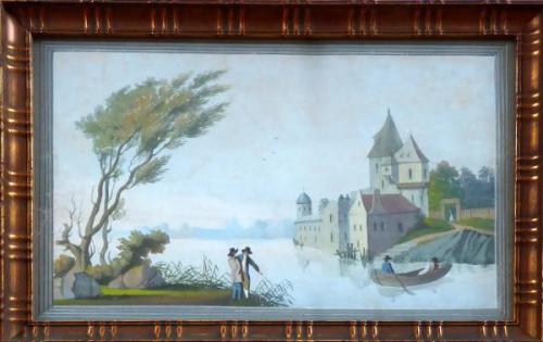 Castle by the lake, with a boat and figures Castle by the lake, with a boat and figures