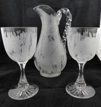 Pitcher and two glasses, cut flowers and leaves -  Pitcher and two glasses, cut flowers and leaves -