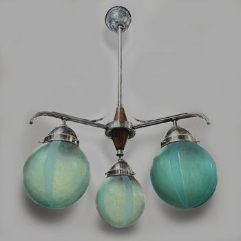 Three Light Chandelier - solid oak, chrome - 1930 Three Light Chandelier - solid oak, chrome - 1930