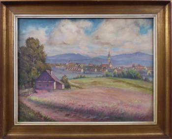 J. Emler - View of a small town with a church towe J. Emler - View of a small town with a church towe