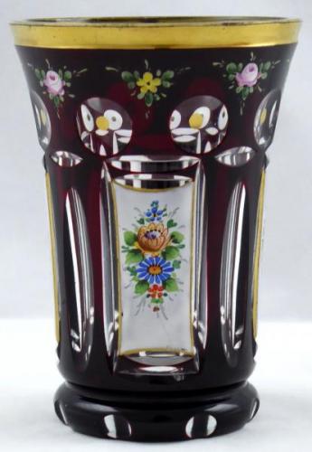 Ruby and clear glass with painted flowers Ruby and clear glass with painted flowers