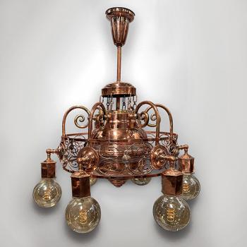 Six Light Chandelier - copper, brass - 1920 Six Light Chandelier - copper, brass - 1920