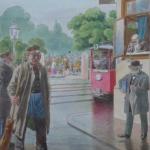 City street, with tram and figures - monogram E. R City street, with tram and figures - monogram E. R