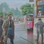 City street, with tram and figures - monogram E. R City street, with tram and figures - monogram E. R