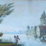 Castle by the lake, with a boat and figures Castle by the lake, with a boat and figures