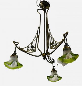 Three Light Chandelier - brass, glass - 1900 Three Light Chandelier - brass, glass - 1900