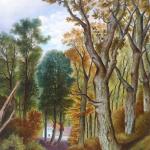 Autumn romantic landscape with trees, bulls, and a Autumn romantic landscape with trees, bulls, and a