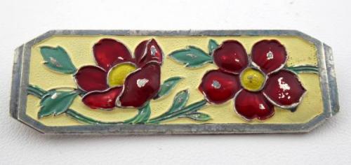 Silver brooch with red flowers and coloured enamel Silver brooch with red flowers and coloured enamel
