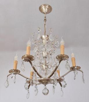 Six Light Chandelier - white metal, cut glass - 1970 Six Light Chandelier - white metal, cut glass - 1970