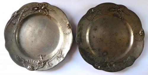 Two pewter Art Nouveau plates-Kayserzinn,Hugo Leve Two pewter Art Nouveau plates-Kayserzinn,Hugo Leve