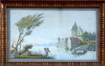 Castle by the lake, with a boat and figures Castle by the lake, with a boat and figures