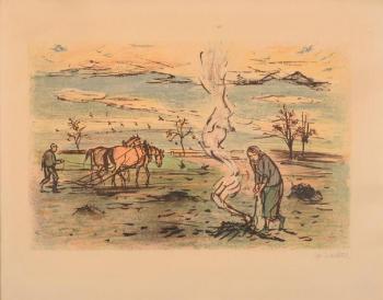 Man with horses and a woman at bonfire on a field Man with horses and a woman at bonfire on a field