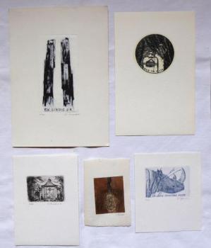 Five exlibris - Vychodilova, Benes, Valenta, Mares Five exlibris - Vychodilova, Benes, Valenta, Mares