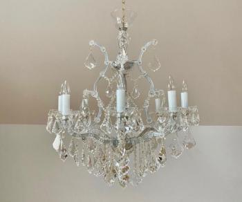 Eight Light Chandelier - white metal, glass - 2000 Eight Light Chandelier - white metal, glass - 2000