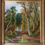 Autumn romantic landscape with trees, bulls, and a Autumn romantic landscape with trees, bulls, and a