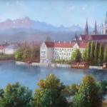 Cathedral with a city under the mountains Cathedral with a city under the mountains