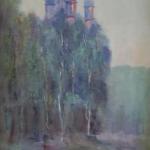 Orthodox church in the landscape with birches