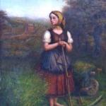 Girl with scythe, wheelbarrow and locomotive 