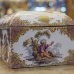 Brass mounted porcelain box painted with gallant scenes, with gilded decor, Prussia 1850