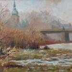 Bridge with figures, drying river and church tower