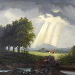 A landscape with a stagecoach, a ford and sunshine