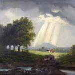 A landscape with a stagecoach, a ford and sunshine