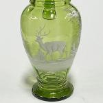 green glass, painted, hunting motif, Bohemia 1960