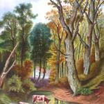 Autumn romantic landscape with trees, bulls, and a