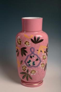 Pink vase richly painted with flowers and insect