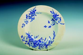 A plate with blue white decoration of flowers