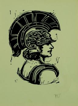 Portrait of a female in a Roman helmet