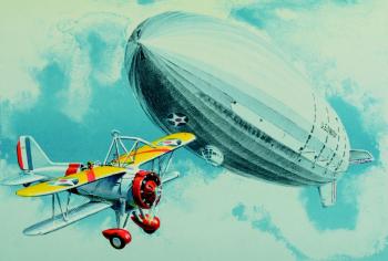 An airship and a biplane