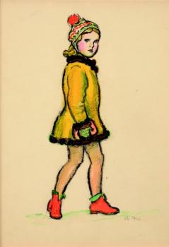 A female with a cap and a coat