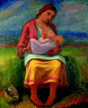 A mother with her child sitting on a meadow