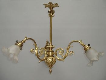 Three Light Chandelier - gilded brass, milk glass - 1900