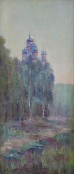 Orthodox church in the landscape with birches