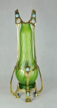 Vase - brass, green glass - Loetz - 1905