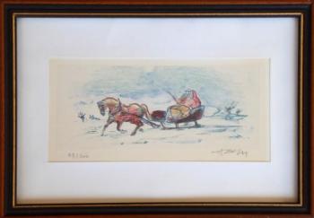 Winter motif with sleigh - illegible signature