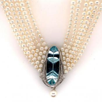 Pearl Necklace - gold, brilliant cut diamond - 1930