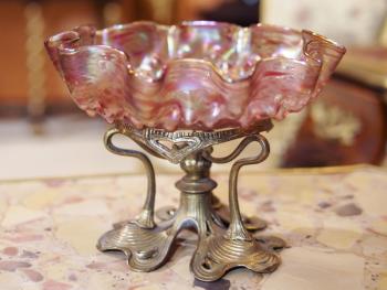 Glass Pedestal Bowl - bronze, iridescent glass - 1900