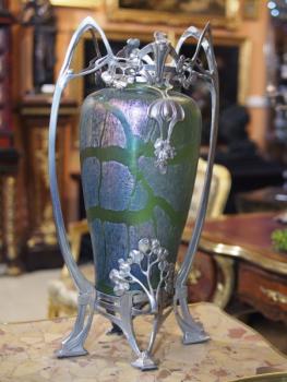 Vase - metal, iridescent glass - 1900